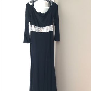 Jovani gown, black long sleeve, crystal waist band